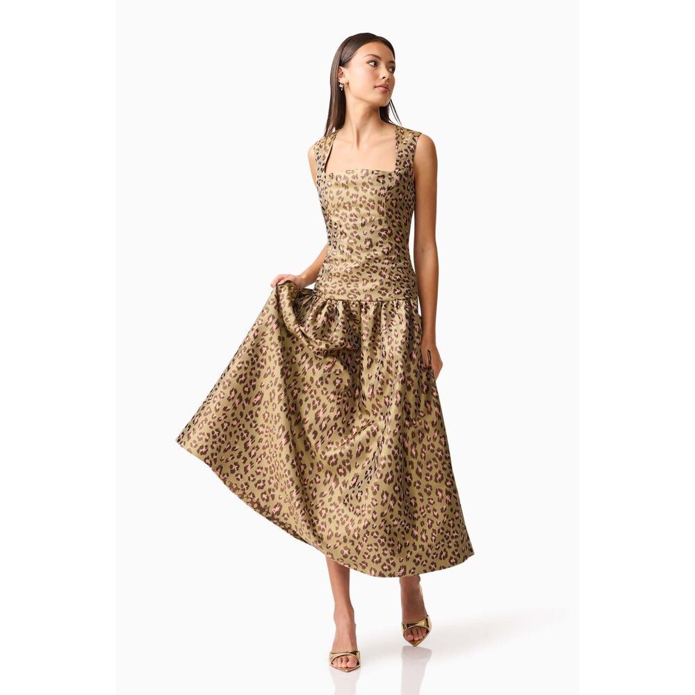 Elliatt Elara Drop Waist Midi Dress in Leopard Print in Green Dress size S NWT